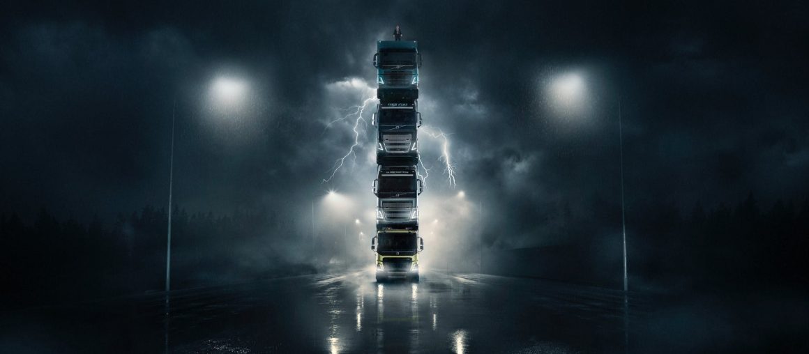 Volvo builds a four-truck tower for epic ad