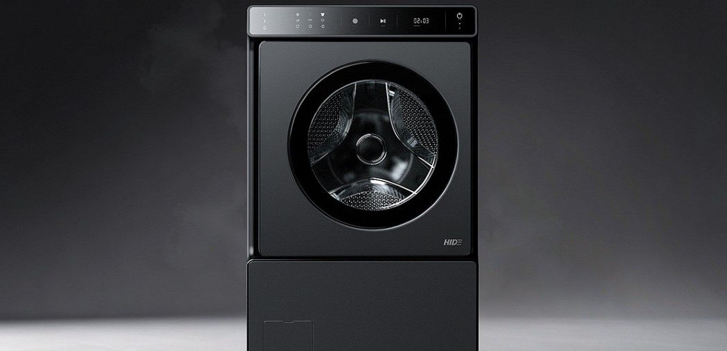 This front-load washing machine’s door slides inwards to save space in small homes