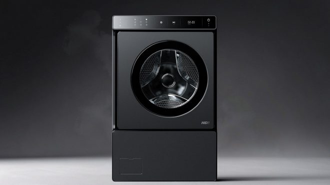 This front-load washing machine’s door slides inwards to save space in small homes