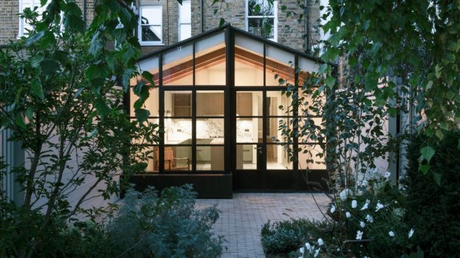 Burnt House is a charred wood extension that looks like a Japanese tea house
