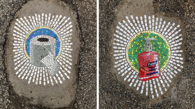 Chicago Potholes Are Filled with Pandemic Essentials in Humorous New Mosaics by Jim Bachor