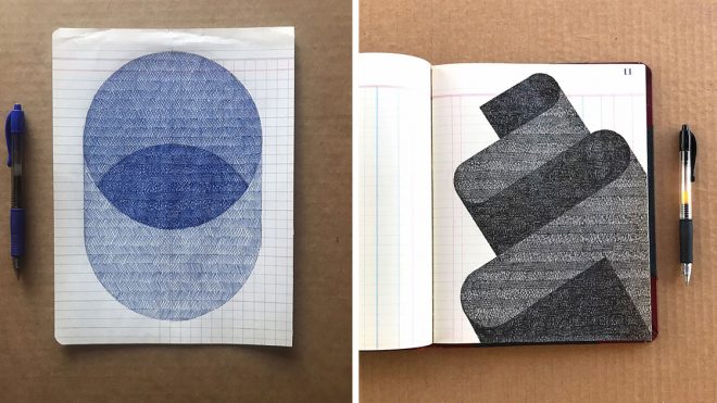 Shadowy Geometric Shapes Rendered with Meticulous Crosshatching by Artist Albert Chamillard