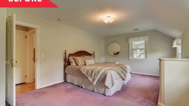 Before and After: A $2000 Farmhouse Modern Redo for a Pink Carpeted Bedroom