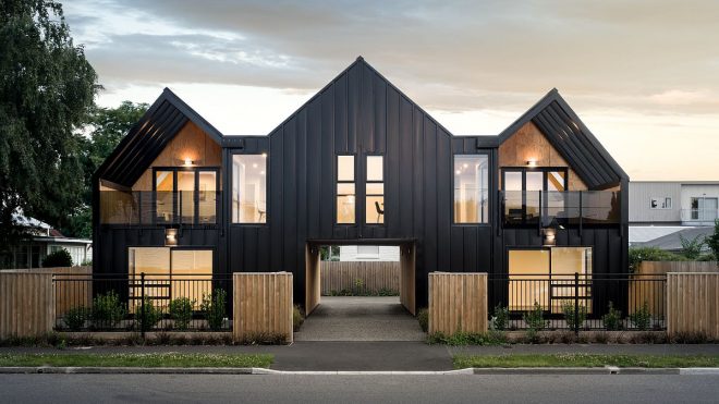 Gabled Building in Steel and Wood Houses Four Space-Savvy Single Bedroom Apartments