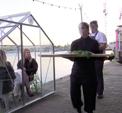 Dutch Restaurant's Social Distancing Techniques: Individual Dining Greenhouses, Food Served on Long Planks - Core77