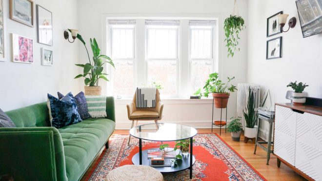 A 650-Square-Foot Chicago Rental Has Cute Cat Decor and the Perfect Pale Pink Accent Wall