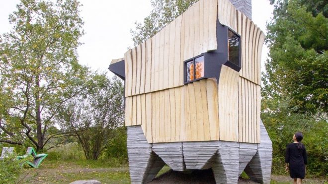 Architects turn waste wood into a 3D-printed cabin in upstate New York