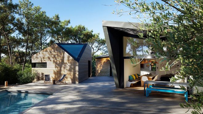 Holiday Home Surrounded by Greenery Combines Woodsy Warmth with Geometric Flair