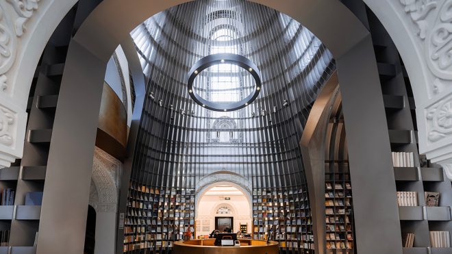 Corrugated Steel Shelves Line a Church-Turned-Poetry-Shop in Shanghai