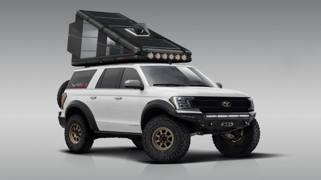 Hard-sided carbon fiber roof-top camper has solar power and heat