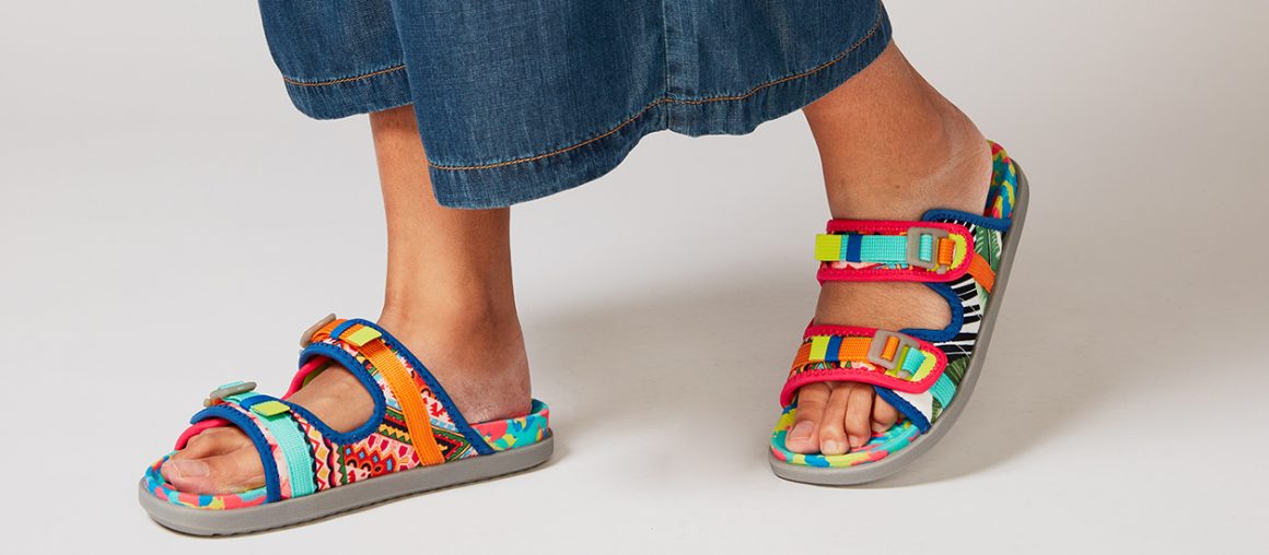 These funky sandals upcycle fabric from the cutting room floor