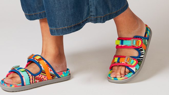 These funky sandals upcycle fabric from the cutting room floor