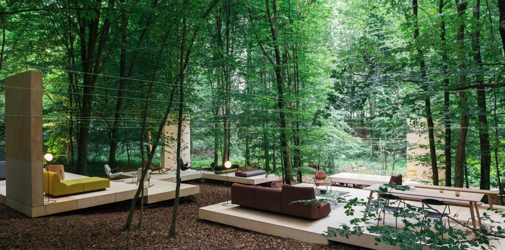 Prostoria nestles timber pavilion amongst leafy trees in Croatian forest