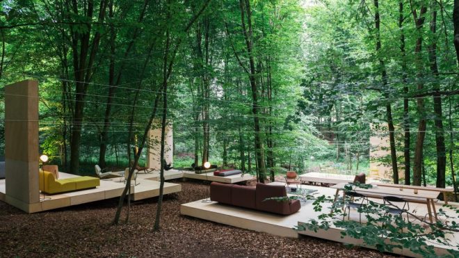 Prostoria nestles timber pavilion amongst leafy trees in Croatian forest