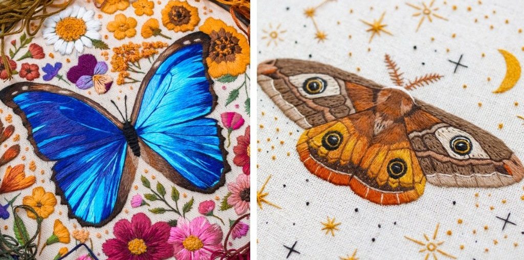 Embroidery Artist Stitches Colorful Insects and Flowers With Painterly Detail