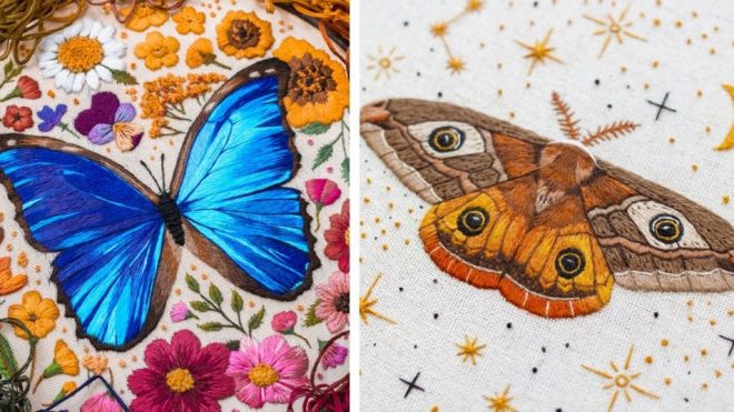 Embroidery Artist Stitches Colorful Insects and Flowers With Painterly Detail