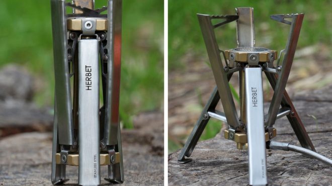 This award-winning portable camp-stove opens up with a single push