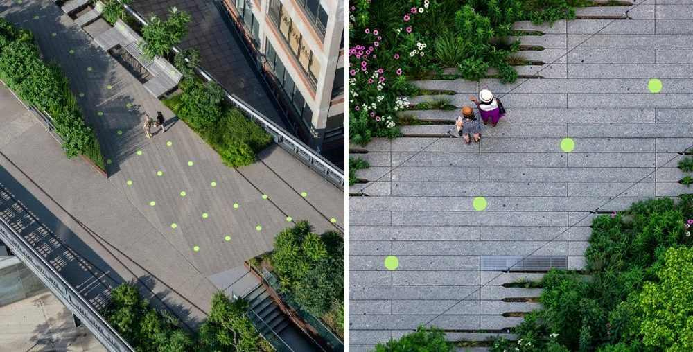 pentagram's paula scher affixes bright green circles to the high line to promote social distancing
