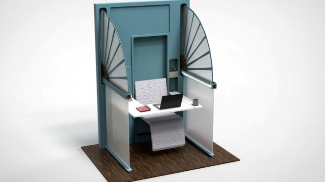 This self-isolating fold-out work-cubicle turns any wall into a safe workspace