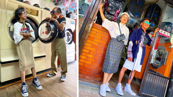 Trendy Octogenarian Couple Sports Stylish, Eclectic Garments Left Behind at Their Laundromat in Taiwan