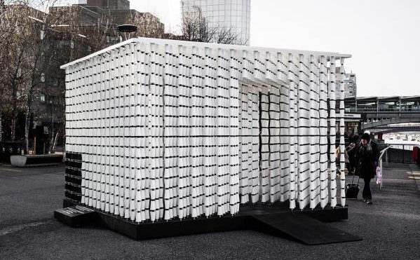 Mule Studio's installation, made of 5,555 paper cups, draws attention to minimal waste in London