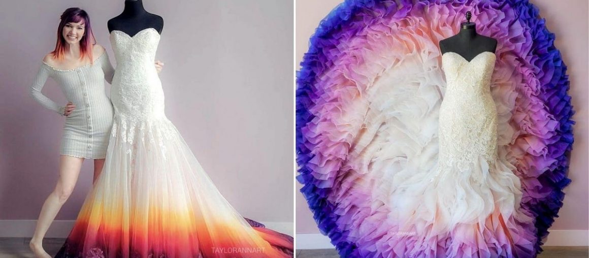 An artist airbrushes wedding dresses, and you can by one of her colorful creations for your special day