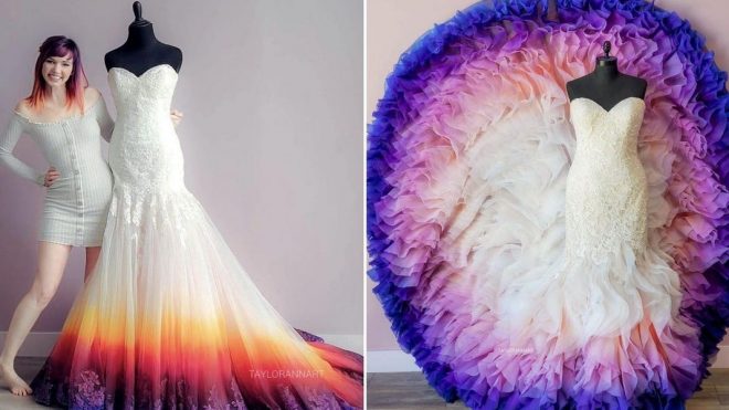 An artist airbrushes wedding dresses, and you can by one of her colorful creations for your special day