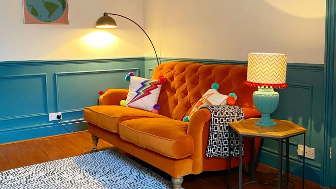 A Colorful UK Home Features the Neatest Wooden Apothecary Drawers in the Kitchen