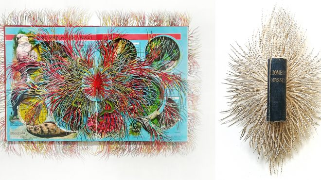 Fringed Paper Networks Peek Out From Vintage Encyclopedias, Textbooks, and Classics by Artist Barbara Wildenboer