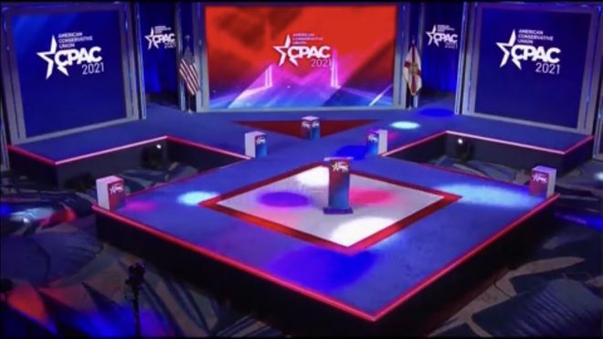 CPAC 2021 Stage Shaped Like Nazi Symbol